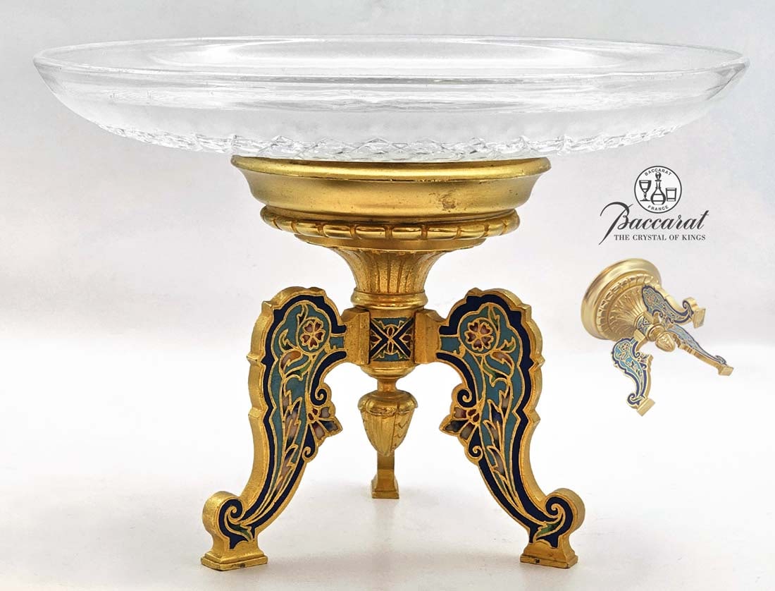 19TH C. Gilt Bronze Enamel Champleve Baccarat Centerpiece: 19TH C. Gilt Bronze Enamel Champleve Baccarat Centerpiece. H 4 1/2" x W 7 15/16"