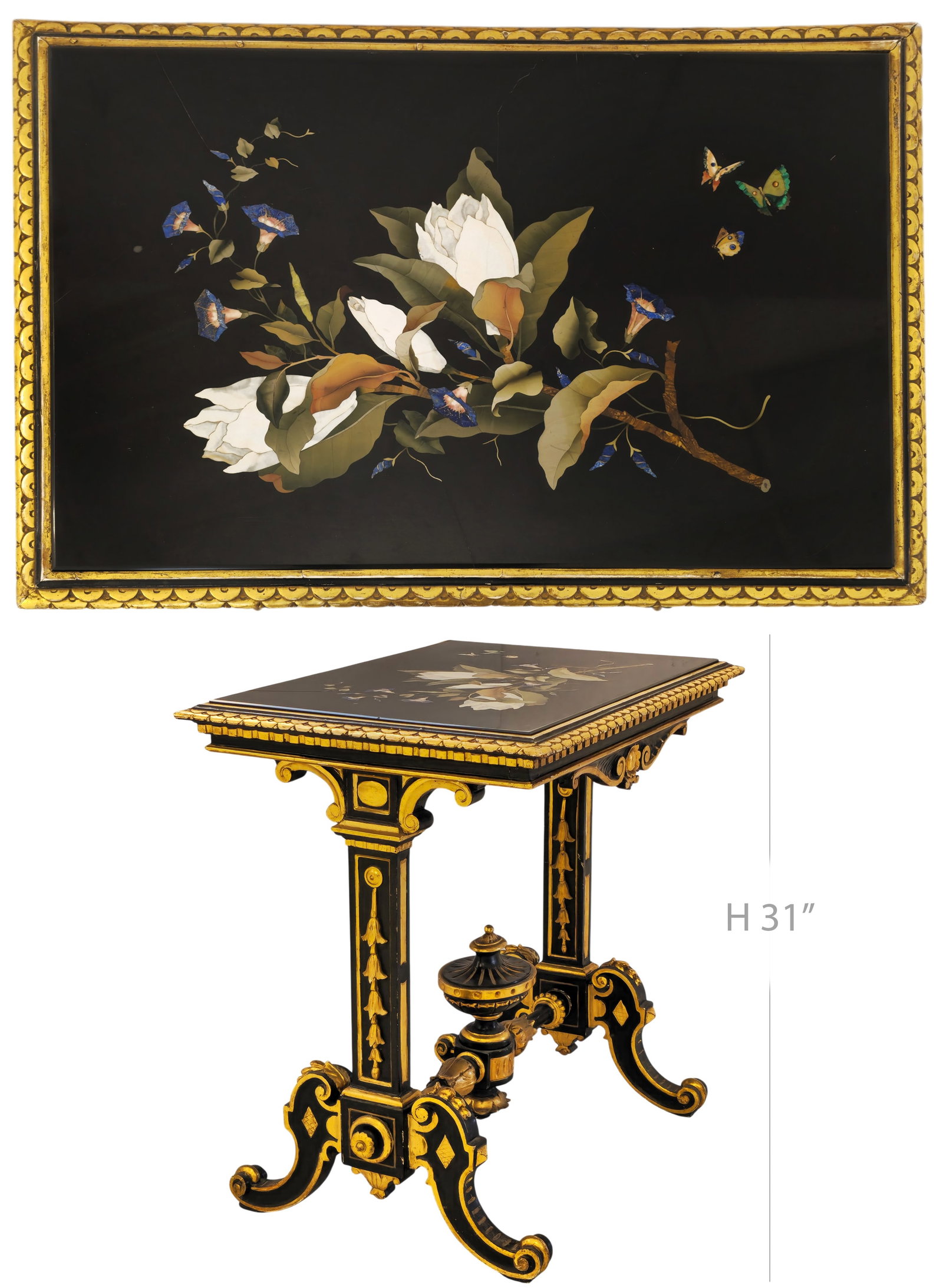 19th C. Italian Giltwood Hand Painted Pietra Dura Table: 19th C. Italian Giltwood Hand Painted Pietra Dura Table. H 31" x W 22 1/2" x L 31"