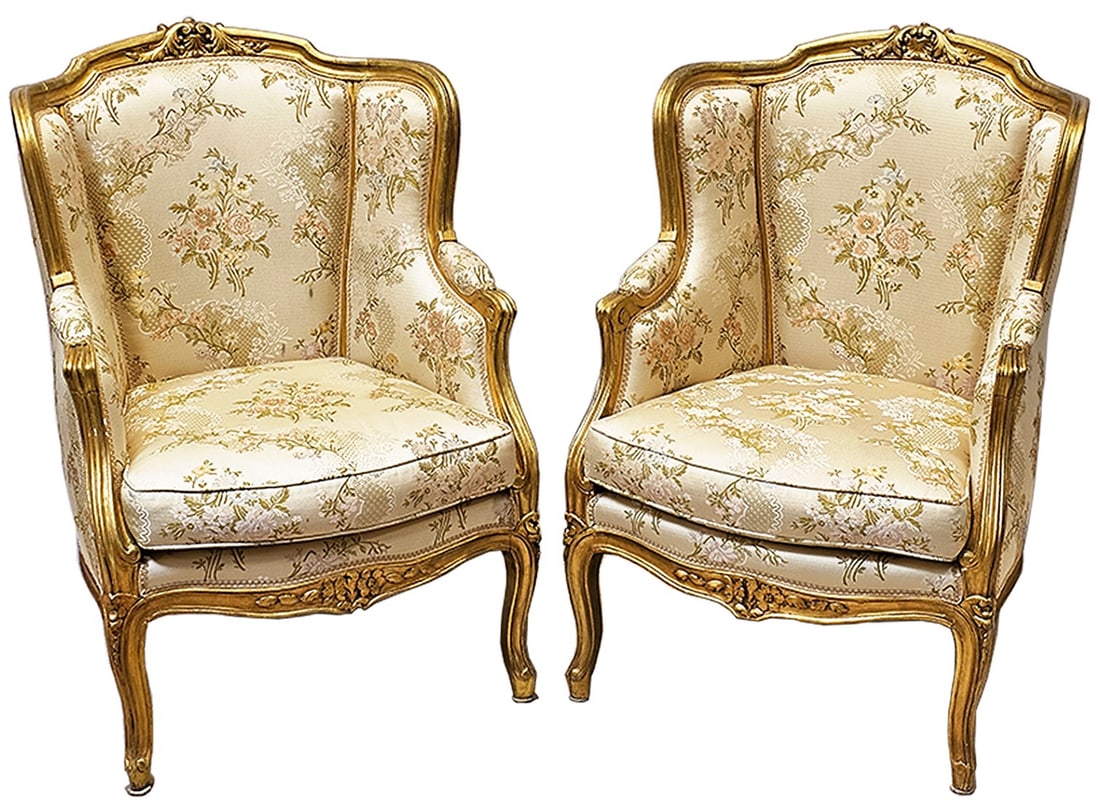 Pair Of Early 20th C. Louis XVI Style French Giltwood Armchairs: Pair Of Early 20th C. Louis XVI Style French Giltwood Armchairs. H 40" x W 27" x L 30"