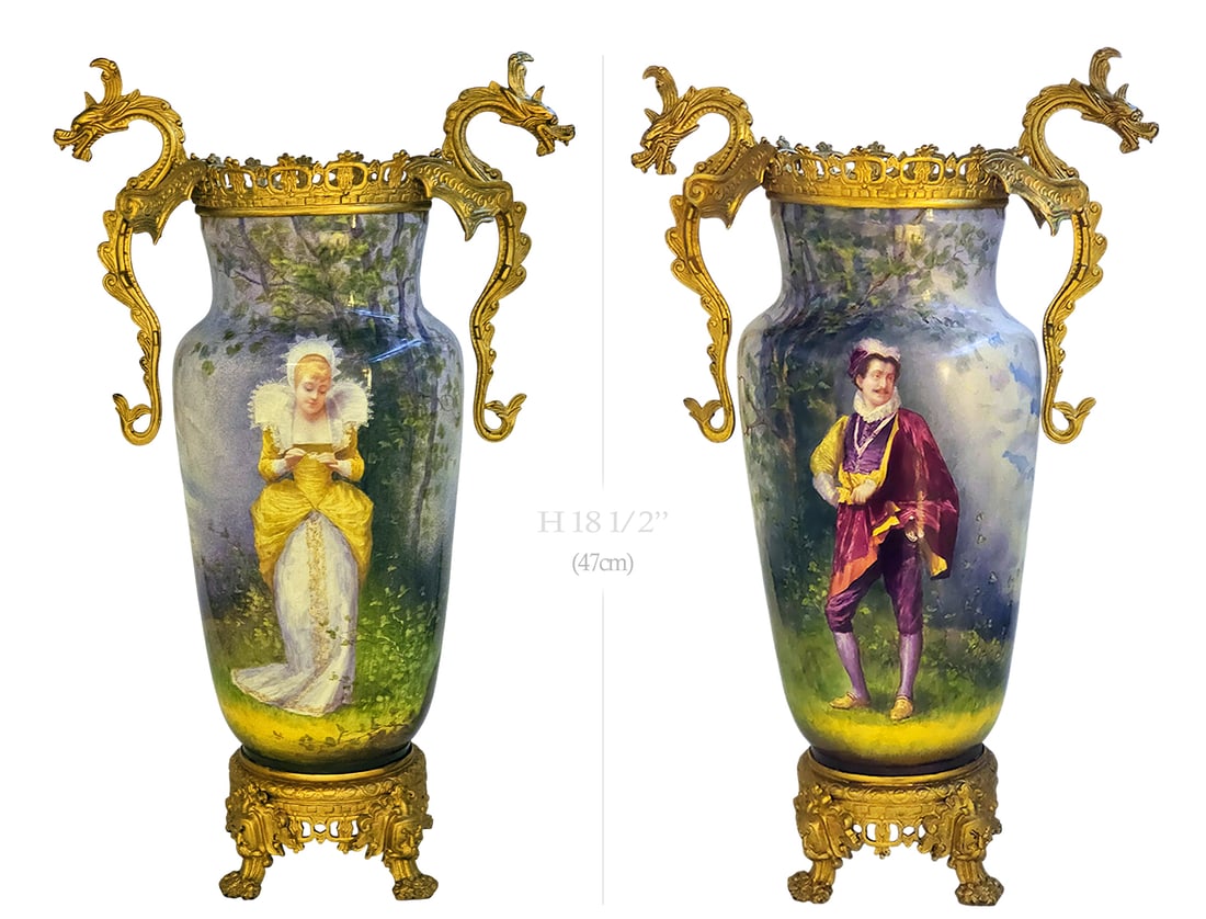 Pair Of 19th C. French Hand Painted Sevres Style Mounted Figural Dragon Handle Bronze Vases, Signed: Pair Of 19th C. French Hand Painted Sevres Style Mounted Figural Dragon Handle Bronze Vases, Signed. H 18 1/2" x W 7" x L 11"