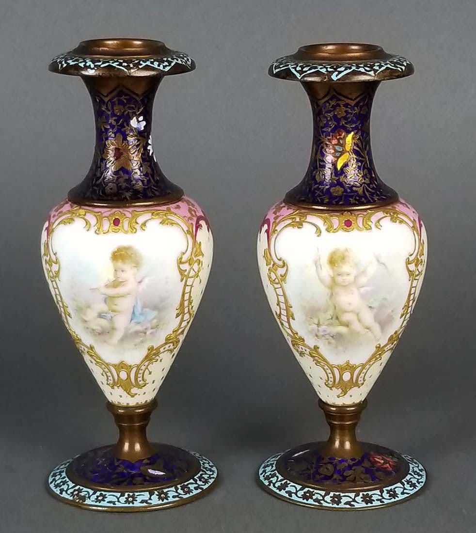 Pair of 19th C. French Champleve Enamel Urns: Pair of 19th C. French Champleve Enamel Urns. Measures H: 6 1/4" W: 2 1/4"