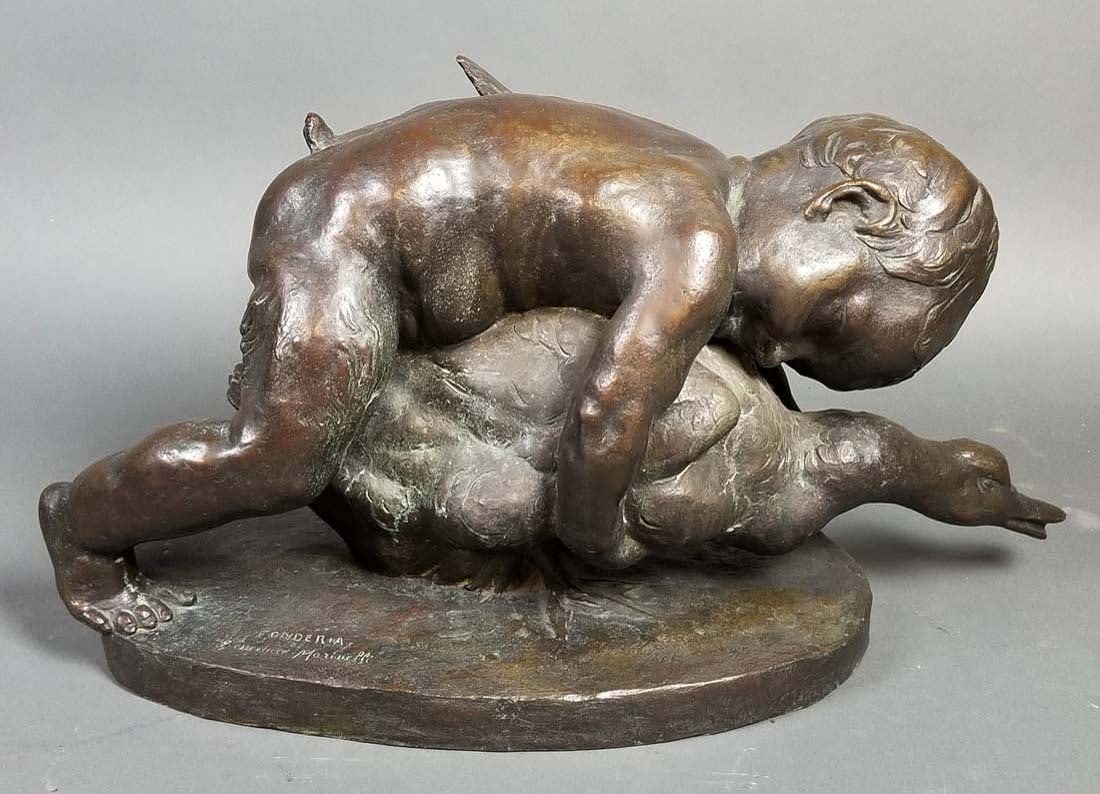 19th C. Bronze, 'Kid Hugging A Goose' Signed By Fonderia: 19th C. Bronze, 'Kid Hugging A Goose' Signed By Fonderia. H 12" x W 24"