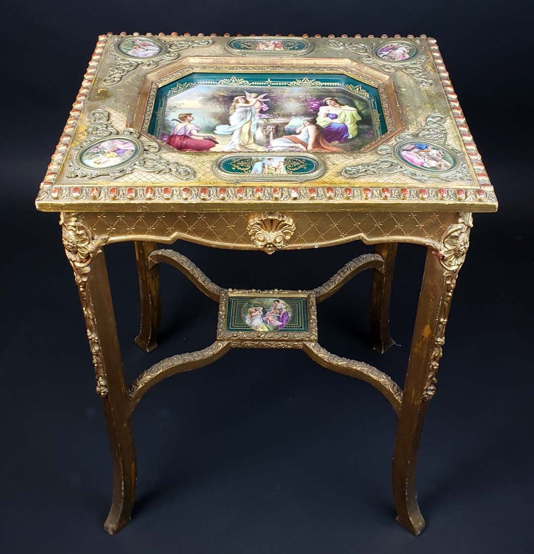 Giltwood Louis XVI Style Table w/ Royal Vienna Plaques: Giltwood Louis XVI Style Table w/ Royal Vienna Plaques, Signed , Mark of Franz Dorfi, Circa 1915. Measures H: 29 1/2" W: 22" D: 18"