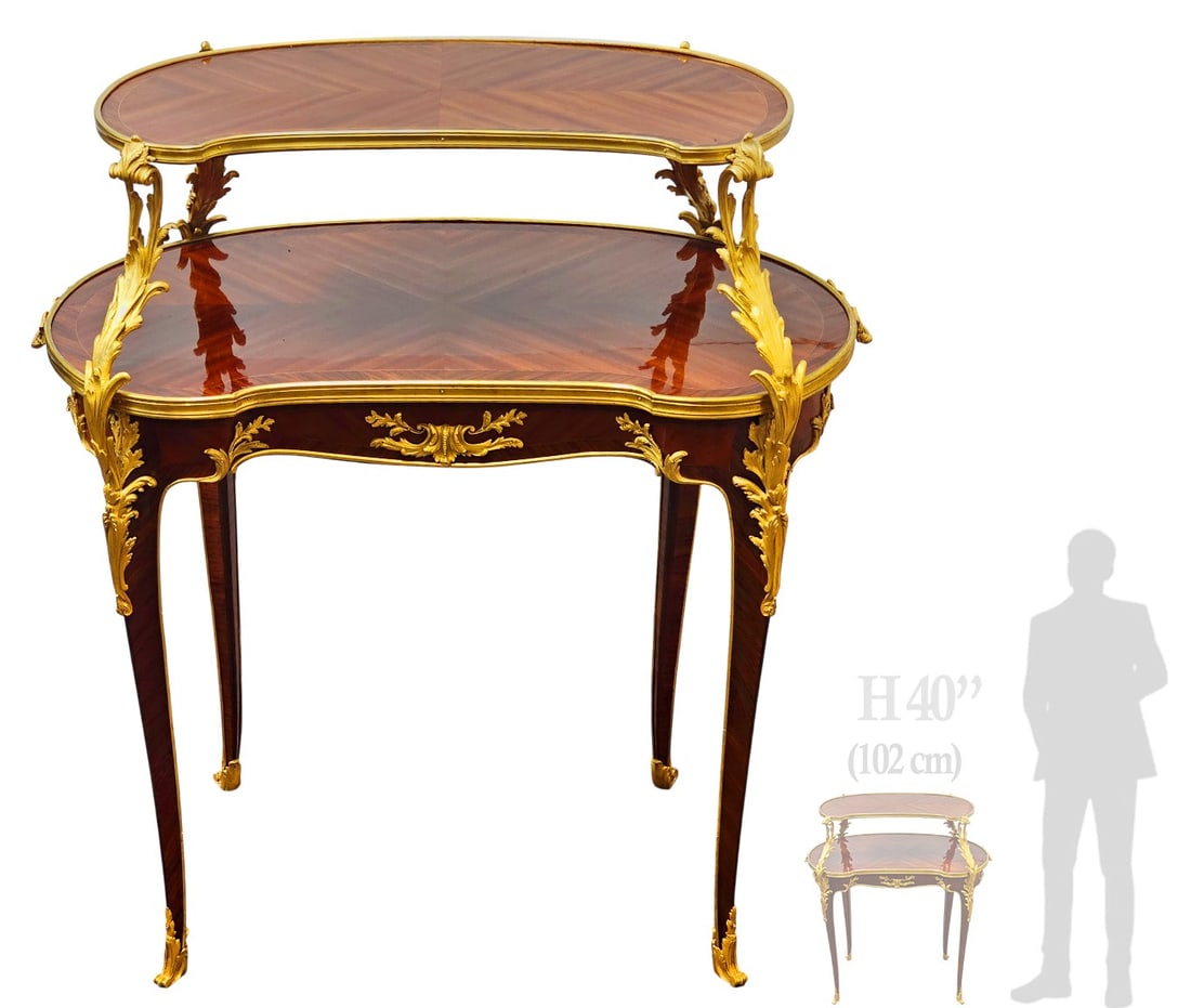 19th C. French Ormolu Mounted Two-Tier Serving Table: 19th C. French Ormolu Mounted Two-Tier Serving Table. H 40" x W 19 1/2" x L 36 1/4"