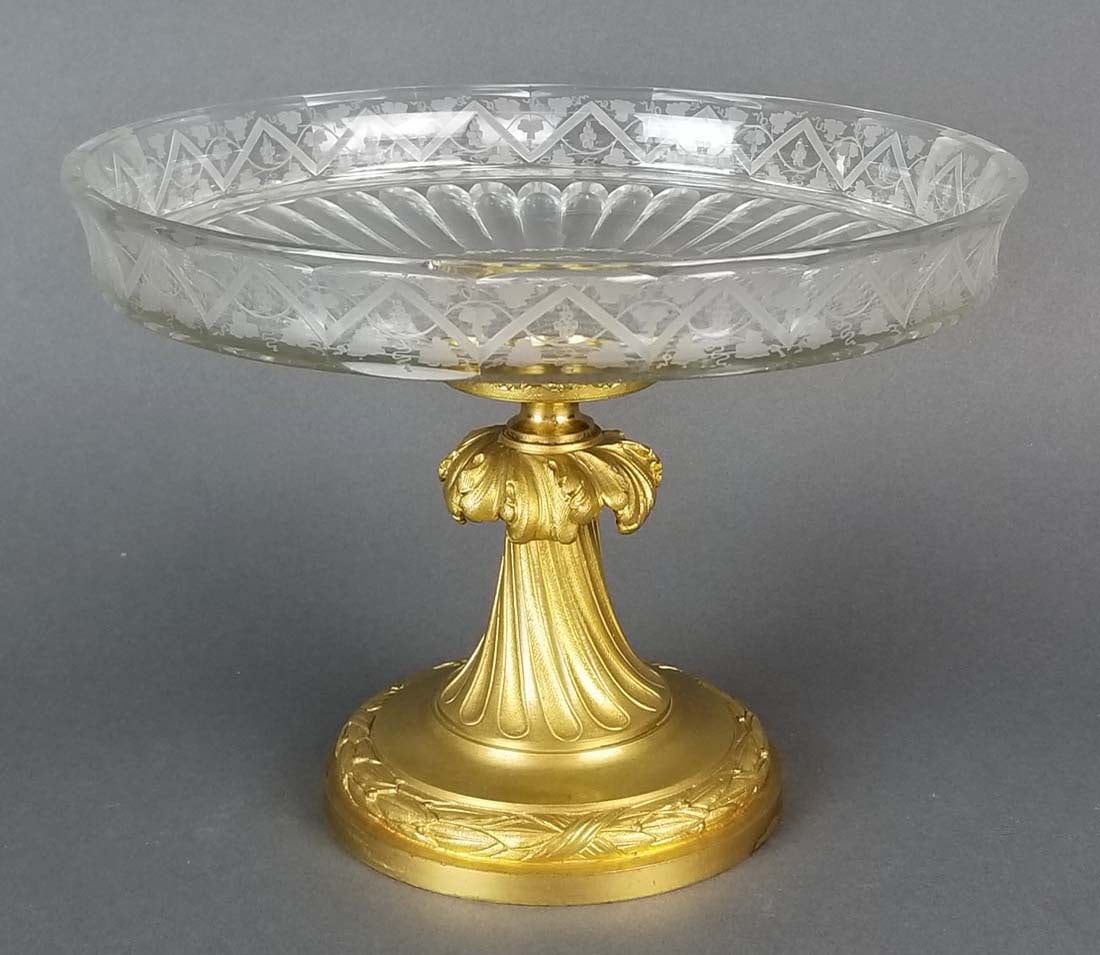 Baccarat Signed Bronze and Etched Crystal Centerpiece: Baccarat Signed Bronze and Etched Crystal Centerpiece. Measures H: 7 1/4" W: 10"
