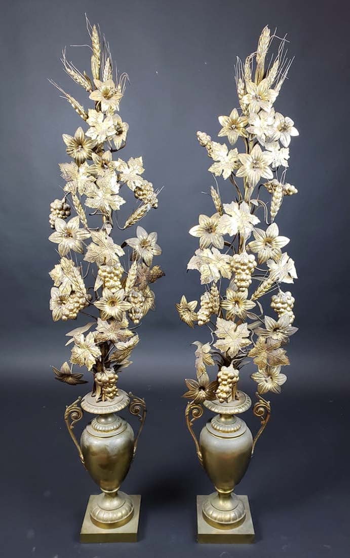 Pair of Gilt Bronze/ Brass Light Floral Urns, Circa: Pair of Gilt Bronze/ Brass Light Floral Urns, Circa 1900. Measures H: 48 1/2" W: 10 1/4"