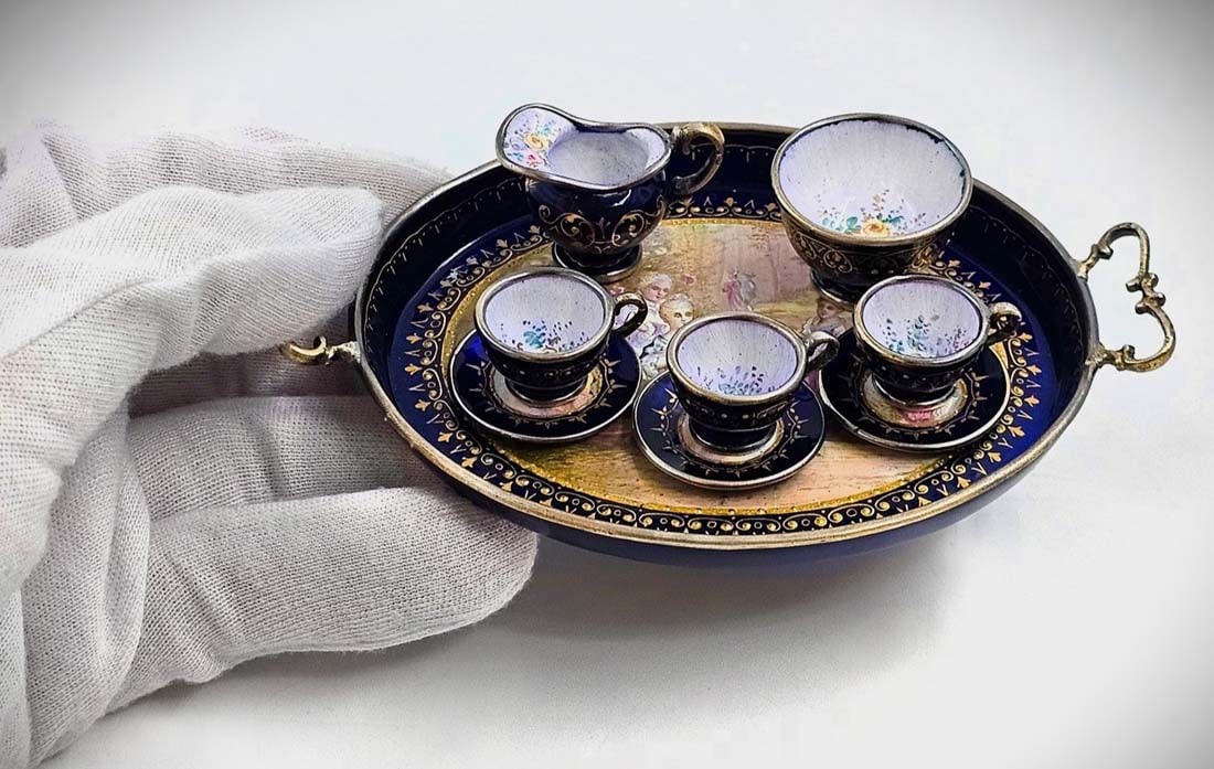19th C. Viennese Enamel On Silver Miniture Set: 19th C. Viennese Enamel On Silver Miniture Set.
