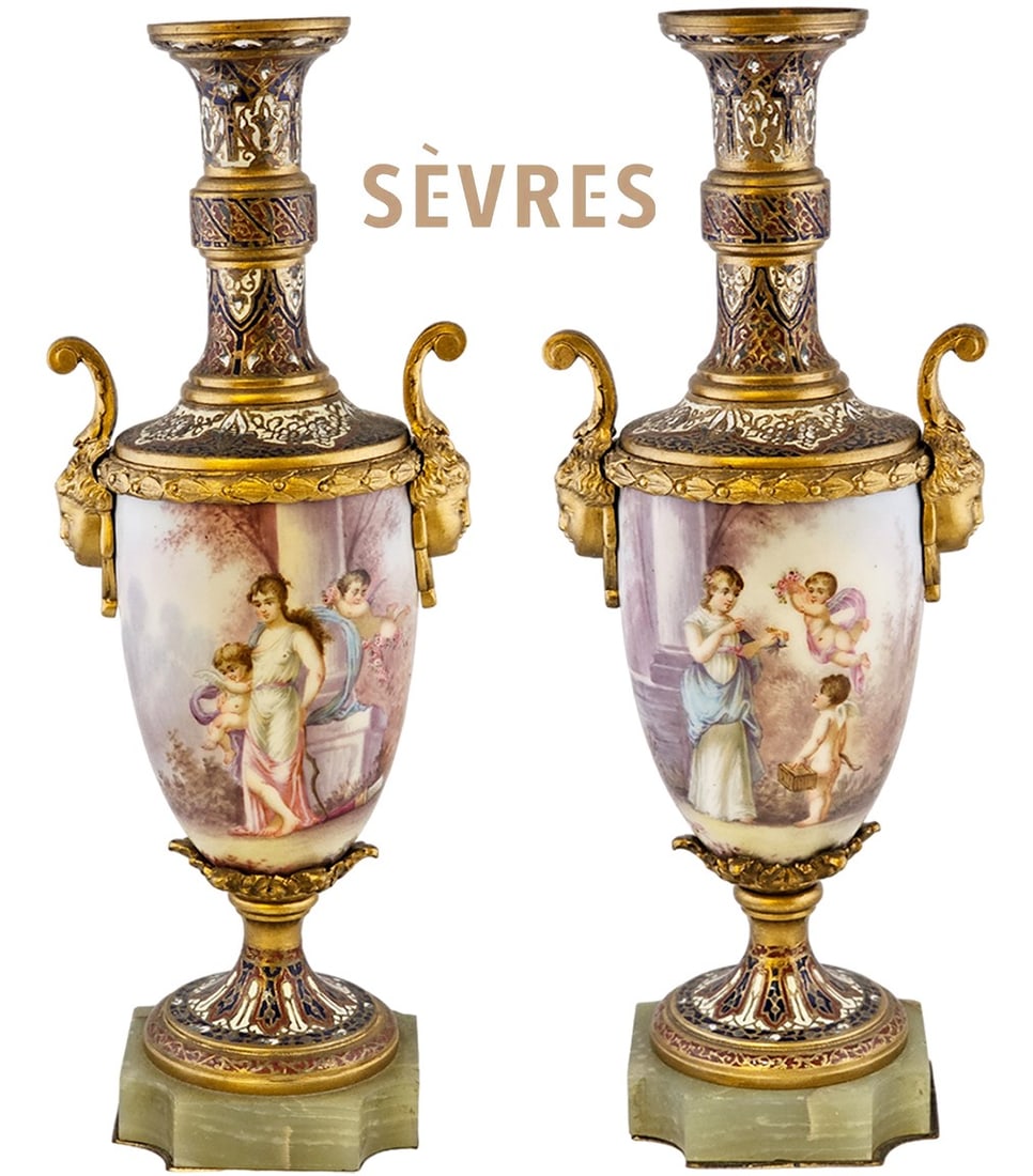 19th C. Bronze Mounted Figural French Hand Painted Sevres Baroque Urns, Signed: 19th C. Bronze Mounted Figural French Hand Painted Sevres Baroque Urns, Signed. H 12" x W 3 1/2" x 4 1/2"