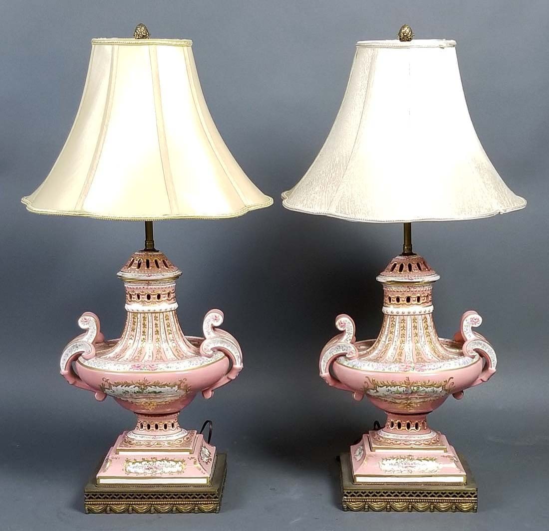 Pair of German Porcelain Lamps, Late 19th C.: Pair of German Porcelain Lamps, Late 19th C.. They measure H: 31" W: 12"