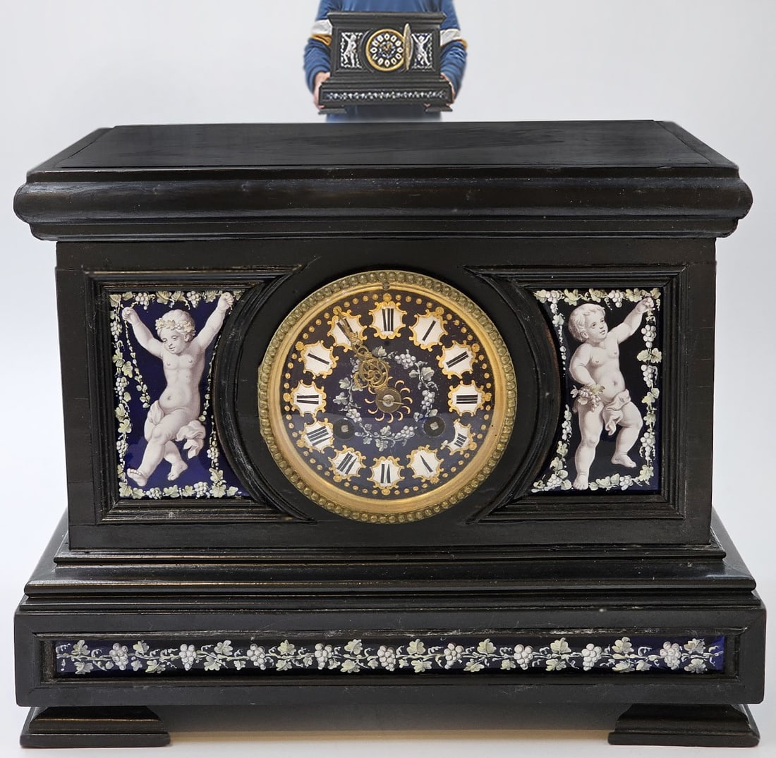 19th Century Austrian Viennese Enamel On Copper Clock: 19th Century Austrian Viennese Enamel On Copper Clock. H 11 1/2" x W 8" x L 11"