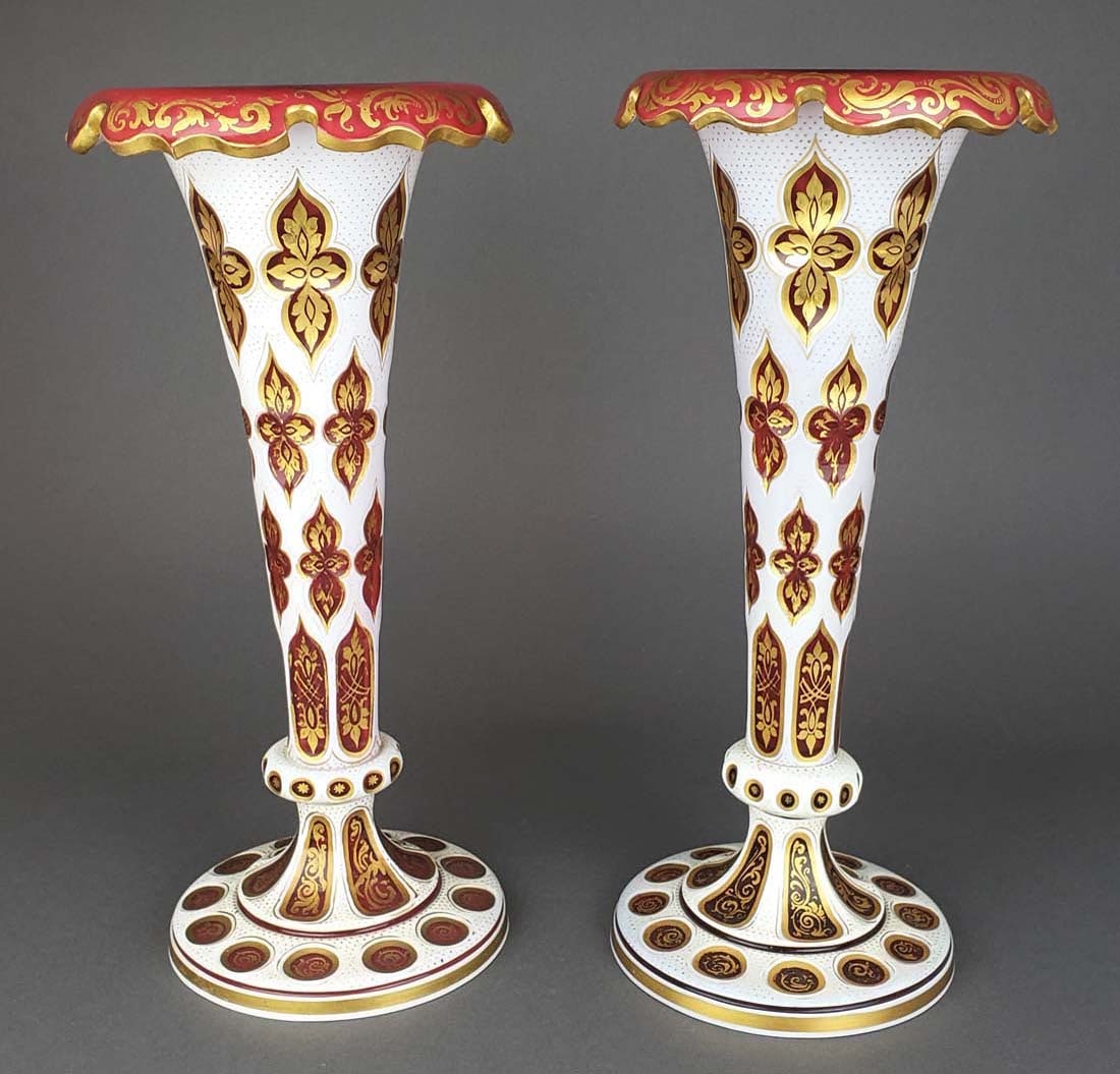 Pair of Large 19th C. Bohemian Vases: Pair of Large 19th C. Bohemian Vases. They measure H: 12 1/4" W: 5 3/4"