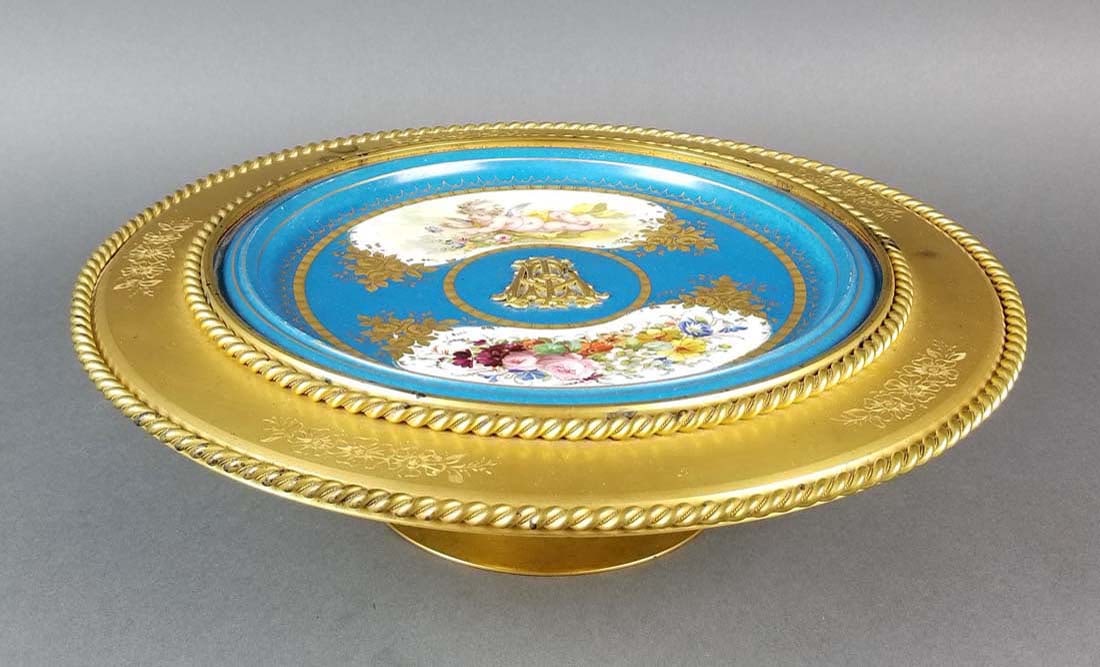 Large French Sevres Porcelain & Bronze Centerpiece,: Large French Sevres Porcelain & Bronze Centerpiece, 19th C.. Measures H: 3 3/4" W: 13"