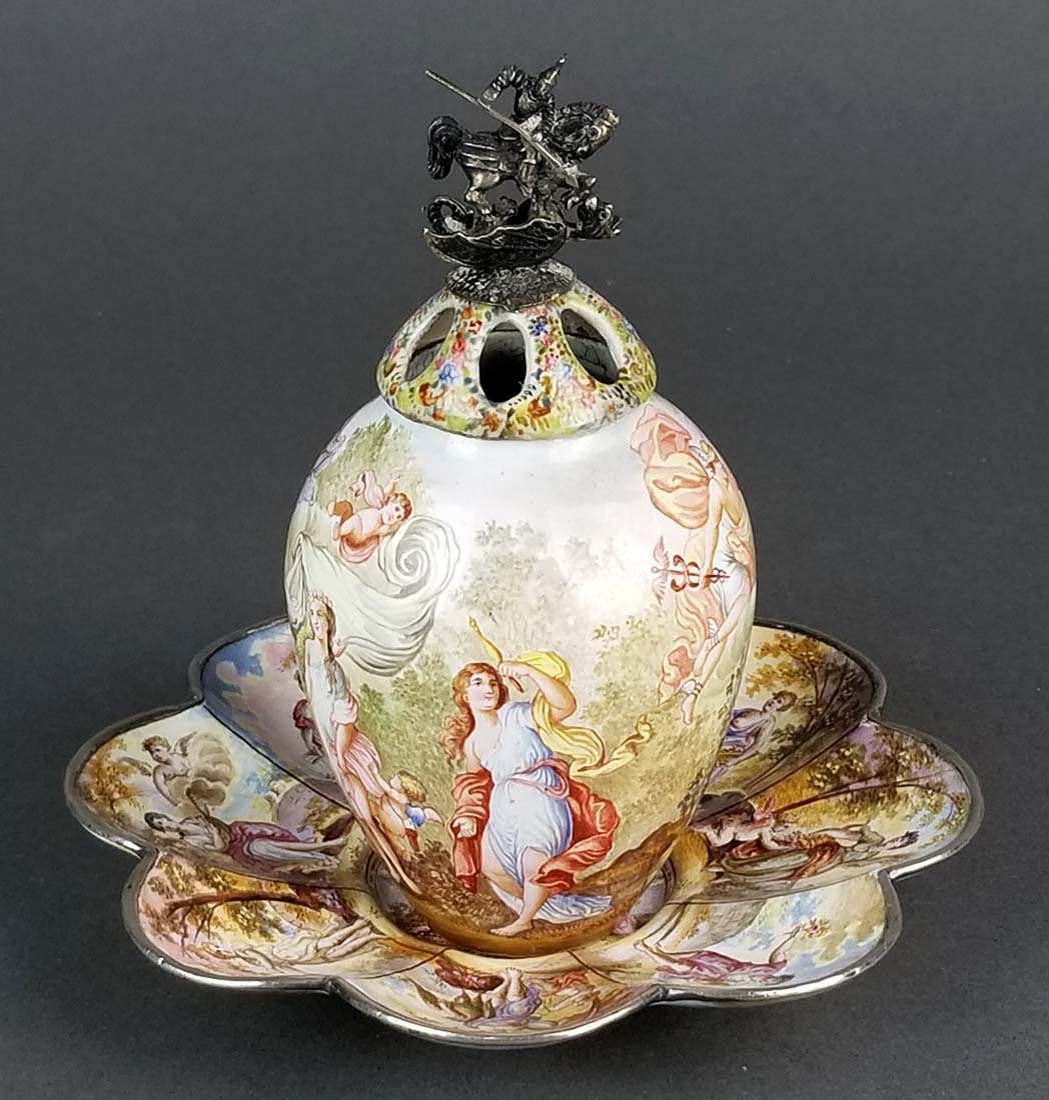 Magnificent Large Austrian Viennese Enamel on Silver: Magnificent Large Austrian Viennese Enamel on Silver Egg Shaped Vase on Underplate, 19th C.. The vase measures H: 5" W: 2 1/2" and the underplate measures 5 1/4" Diameter