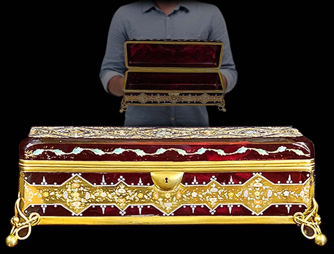 19th C. Antique Bohemian Cranberry Enameled Casket Box: 19th C. Antique Bohemian Cranberry Enameled Casket Box. H 4 5/8" x W 4 1/4" x L 13 1/2"