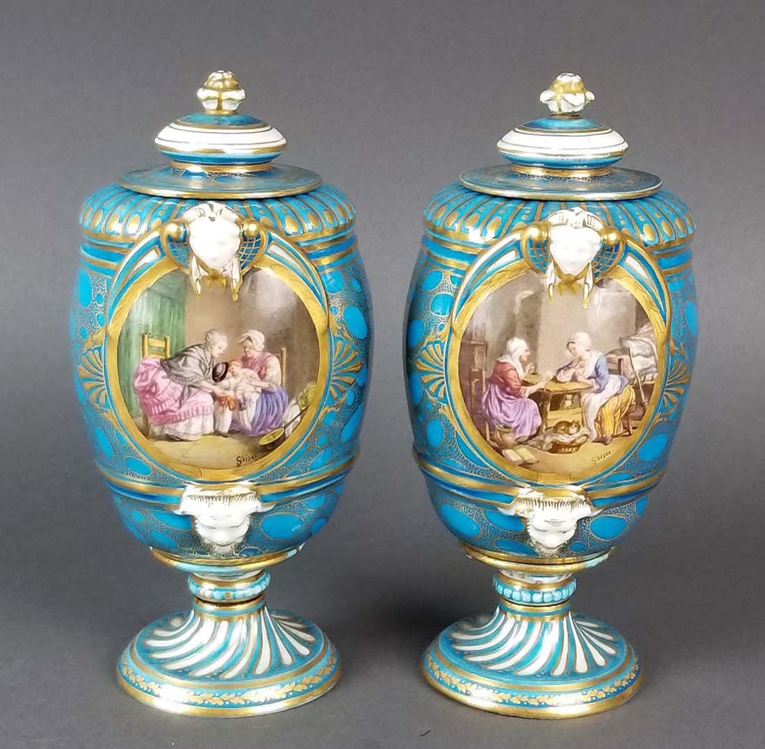 Pair of 19th C. French Sevres Porcelain & Bronze Urns: Pair of 19th C. French Sevres Porcelain & Bronze Urns. They measure H: 7 1/4" W: 3 3/4"