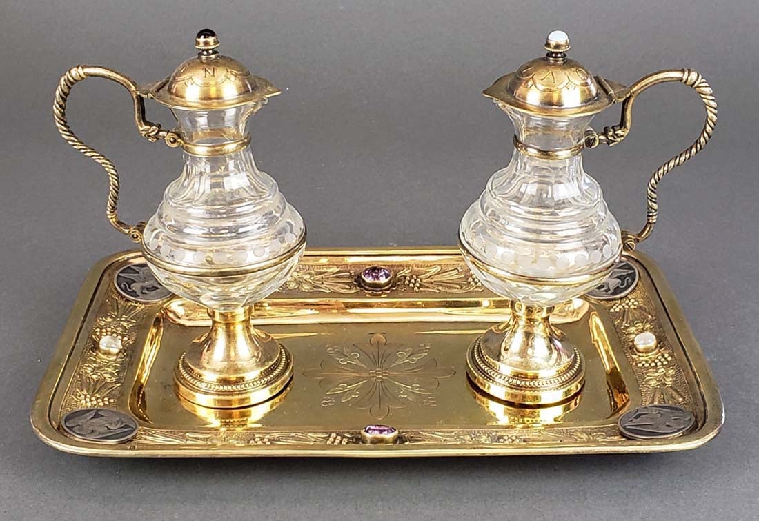French Silver & Crystal Cruet Set: French Silver & Crystal Cruet Set. The bottles measure H: 6 1/4" and the tray measures 10 1/2" x 6"