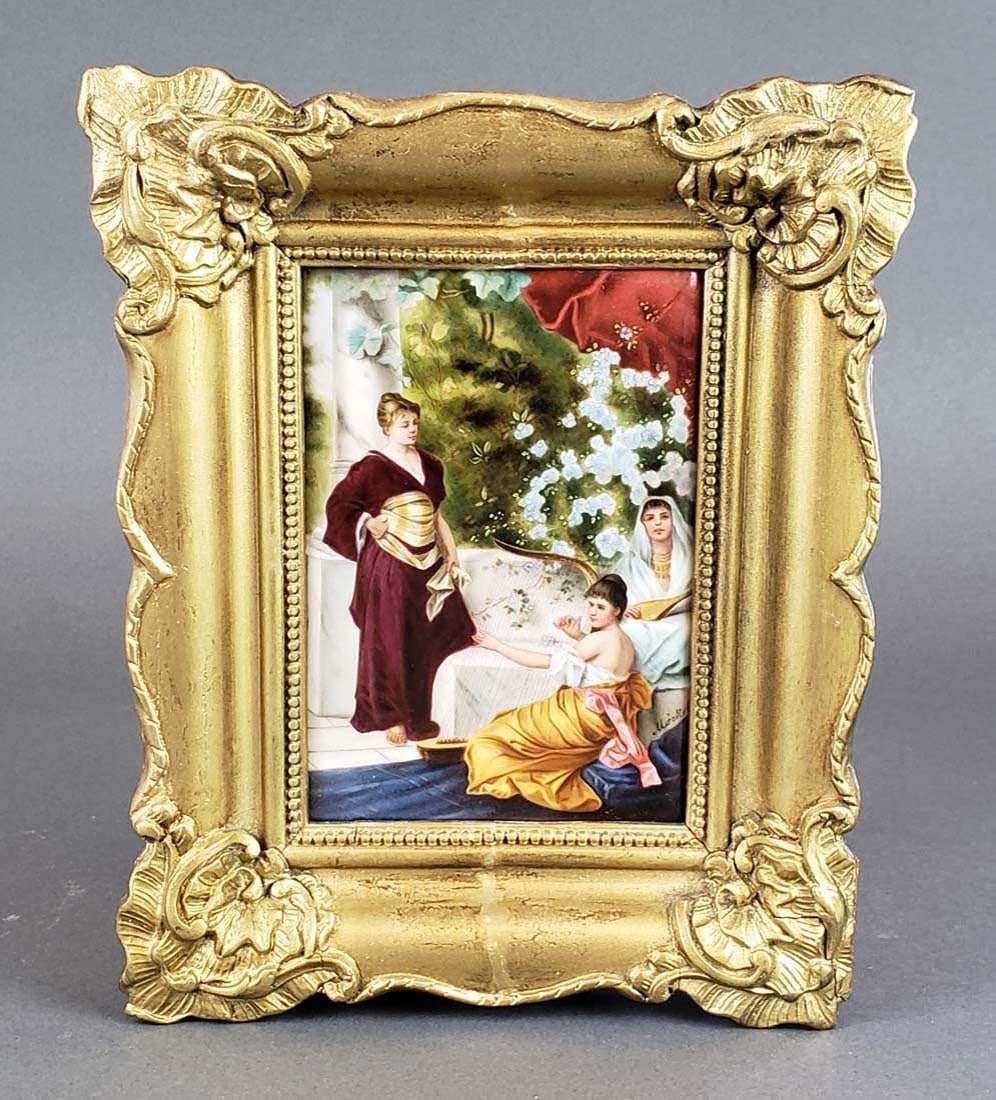 Antique Framed German Porcelain Plaque: Antique Framed German Porcelain Plaque. The frame measures 9" x 7 1/2" and the plaque measures 6 3/4"