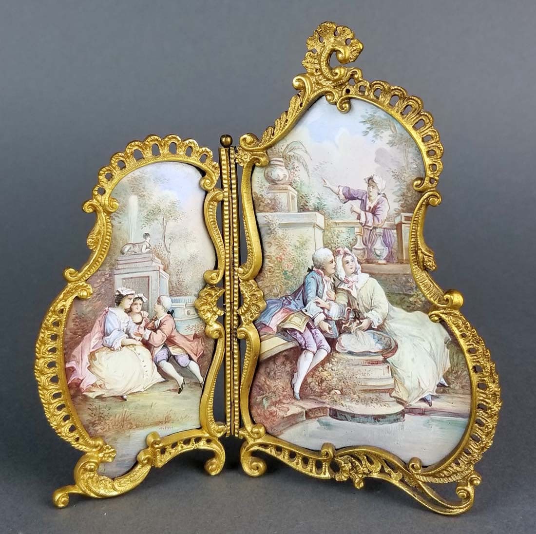 19th C. Austrian Viennese Enamel Folding Screen: 19th C. Austrian Viennese Enamel Folding Screen. Measures H: 5 1/2" W: 5 1/4"