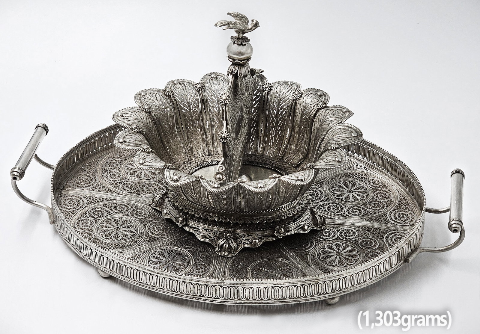 19th C. Ottoman Silver (1,303g) Filigree Centerpiece: 19th C. Ottoman Silver (1,303g) Filigree Centerpiece. H 8" \ Tray: H 2" x W 8 7/8" x L 13 1/2" \ Bowl: H 7" x W 6 1/2" x L 7 1/2"