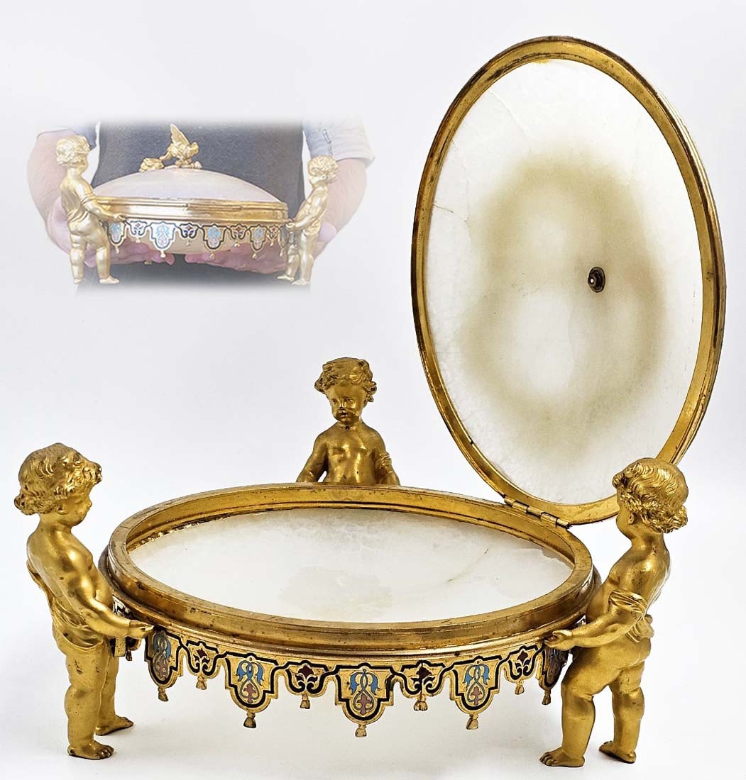19th C. Champleve French Enamel Alabaster Figural Bronze Centerpiece: 19th C. Champleve French Enamel Alabaster Figural Bronze Centerpiece. H 7 1/2" x W 11 1/2" \ Lid open: H 12 1/2"