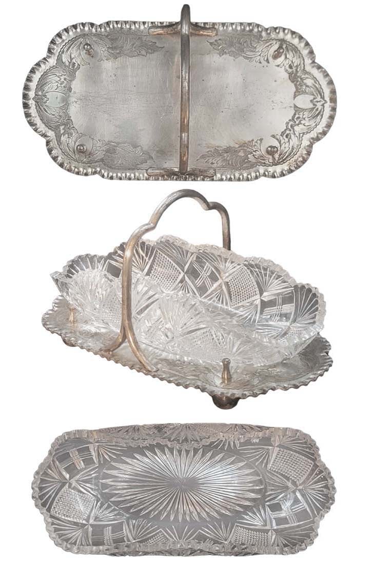 19th C. English Silver Plate & Crystal Candy Tray: 19th C. English Silver Plate & Crystal Candy Tray. Hallamrk stamp on bottom of the tray. Tray: H 6" x W 6 " x L 11 1/2"