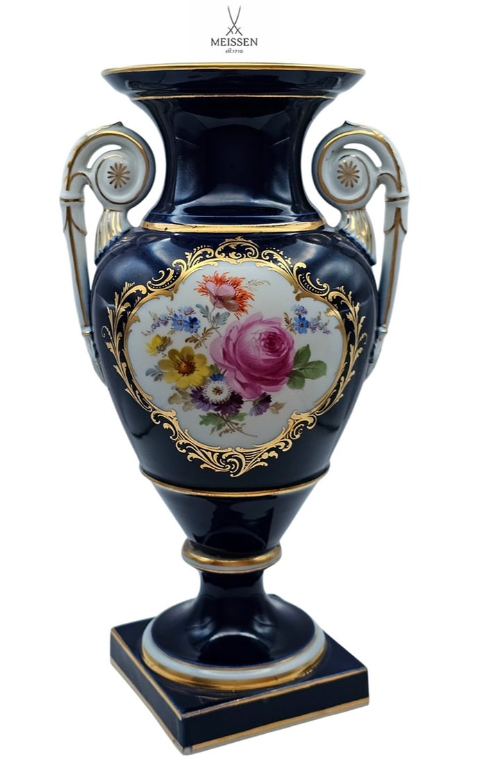 19th C. Meissen Cobalt Blue Hand Painted Floral Urn (1 of 8)