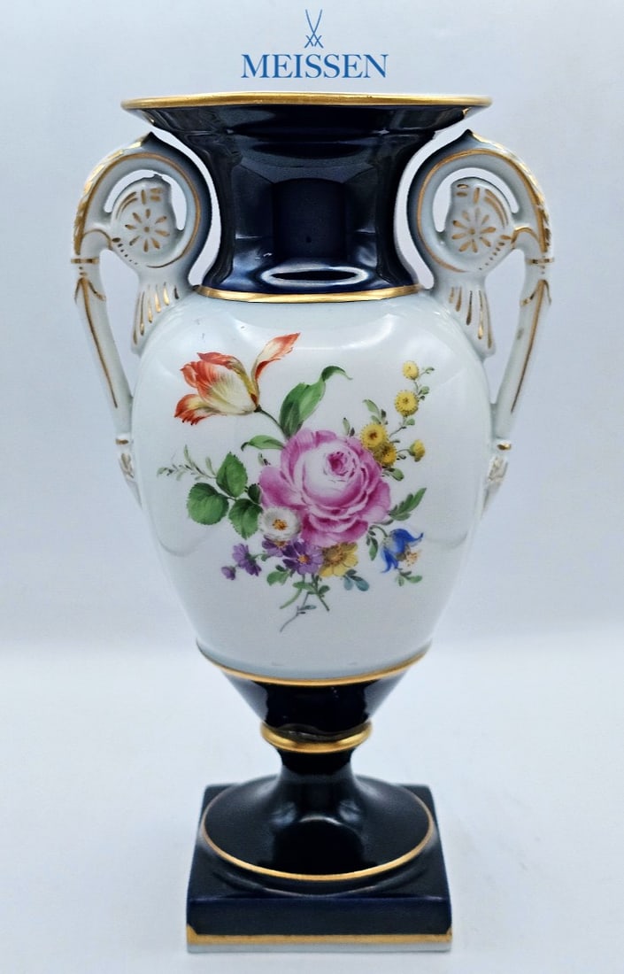 19th C. Meissen Hand Painted Floral Urn Vase: 19th C. Meissen Hand Painted Floral Urn Vase. H 8 7/8" x W 4" x L 4 7/8"