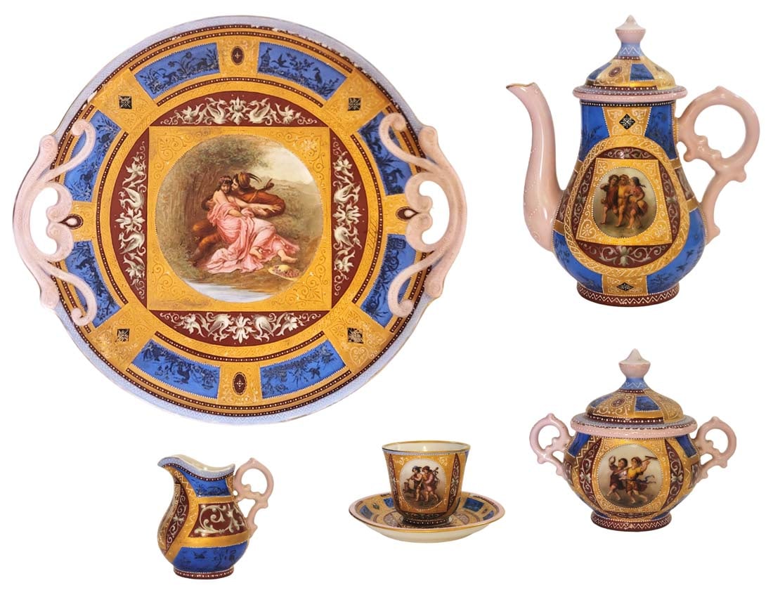19th C. Royal Vienna Style 6pcs Porcelain Tea set: 19th C. Royal Vienna Style 6pcs Porcelain Tea set. Tray 14 1/2" x 13 1/2" \ Cup: H 3" \ Saucer: D 5 1/2" \ Creamer: H 4" \ Sugar bowl: H 4 1/2" \ Tea cup: H 7"