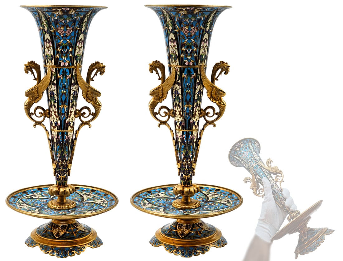 Pair Of 19th C. French Enamel Figural Champleve Vases: Pair Of 19th C. French Enamel Figural Champleve Vases. H 13 1/8" x W 6 1/2"