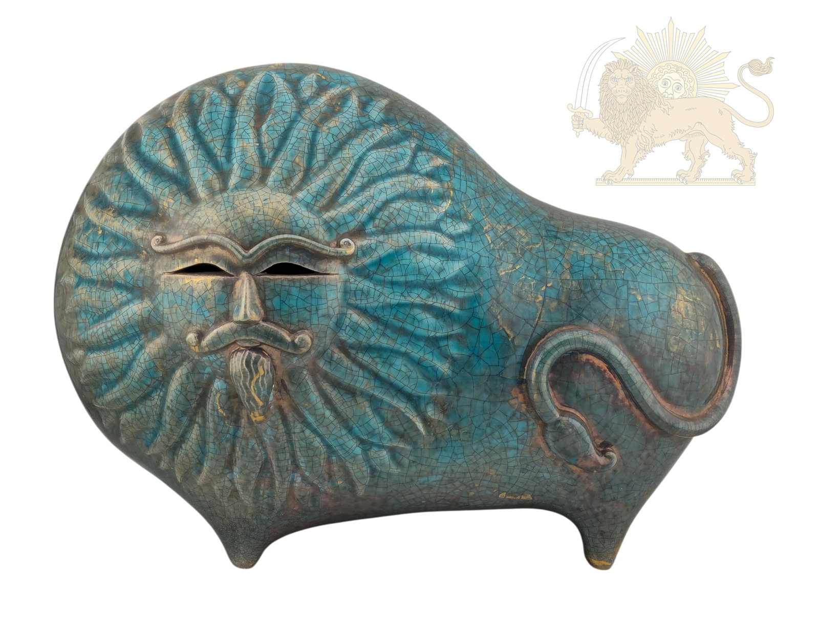 Blue Glazed Lion & Sun Qajar-Pahlavi Era Ceramic Figurine (1 of 5)