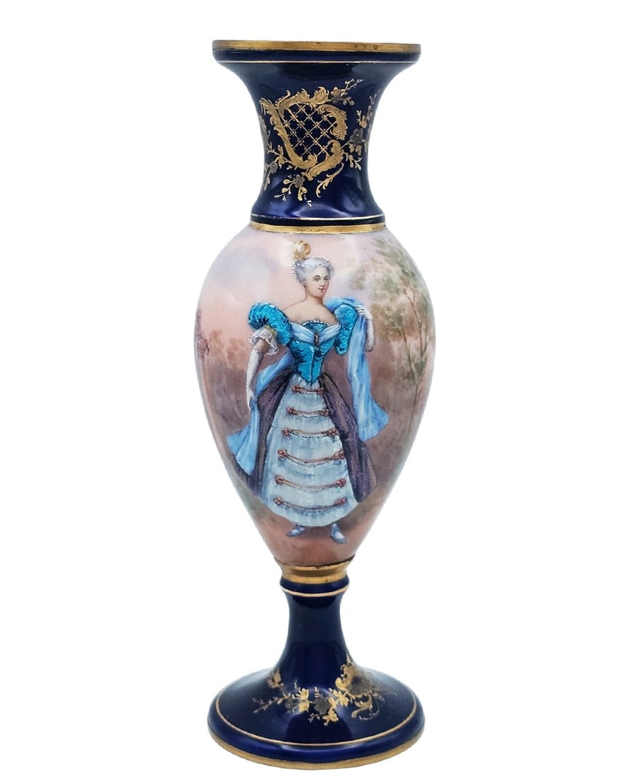19th C. Enamel On Copper Vase, France: 19th C. Enamel On Copper Vase, France. H 7 1/2" x W 2 1/2"