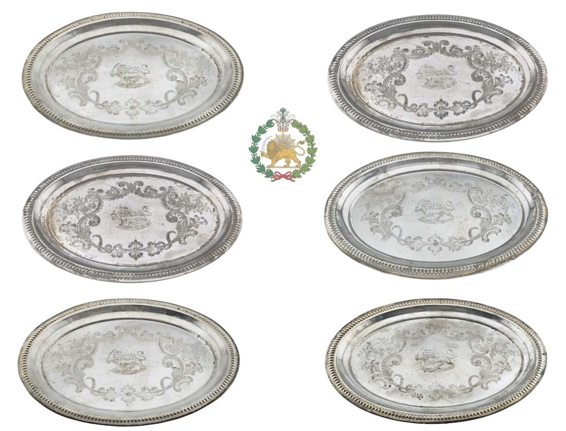 British Frank Hawker LTD Silver-Plated Persian Lion & Sun Pahlavi Oval Plates (x6): British Frank Hawker LTD Silver-Plated Persian Lion & Sun Pahlavi Oval Plates (x6). H 1/2" x W 5 7/8" x L 7 1/2"