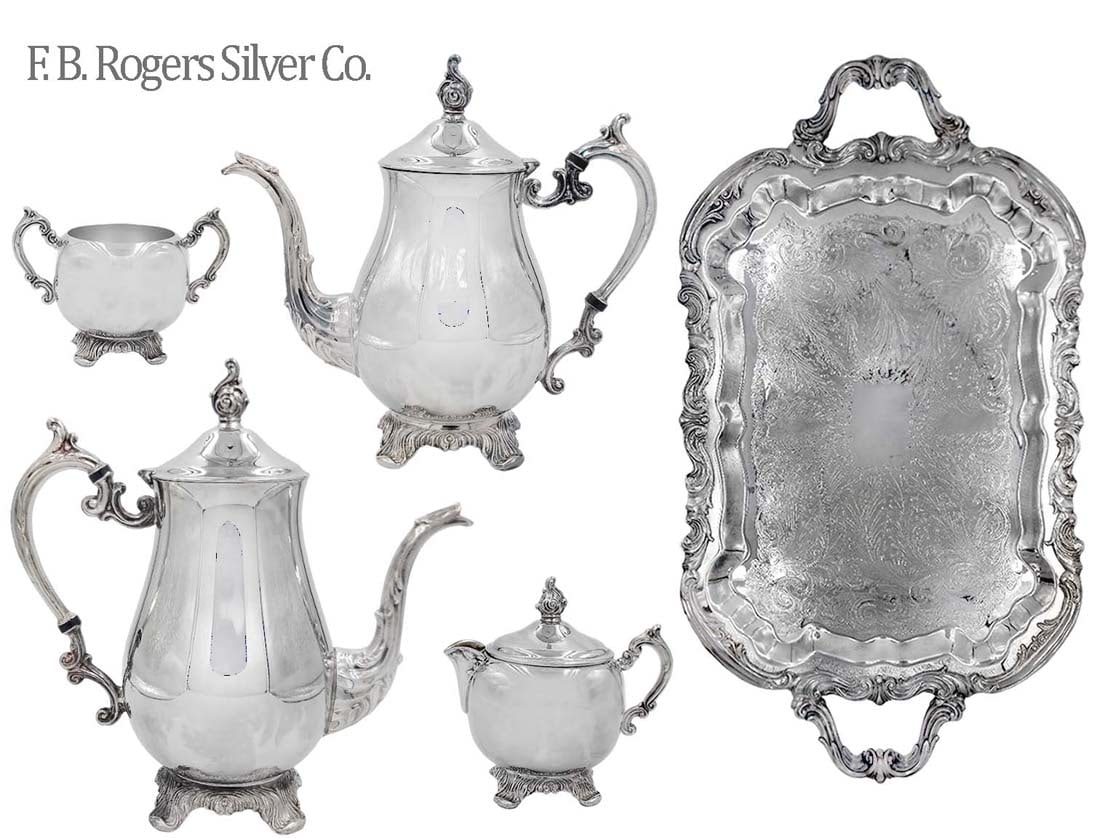 Set Of Five Silver Plated F.B Rogers Silver Company Tea Set: Set Of Five F.B Rogers Silver Company Tea Set. Tray: W 14 1/2" x L 25 1/2" \ Sugar Bowl: H 4 1/4" x W 3 7/8" x L 6" \ Creamer: H 5 1/4" x W 3 7/8" x L 5 1/2" \ Tall teapot: H 10 1/4" x W 5" x L 10