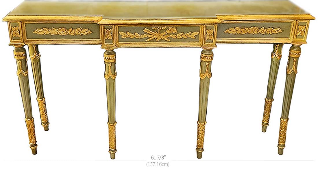 19th C. French Wood Carved Green & Gold Color Console: 19th C. French Wood Carved Green & Gold Color Console. H 33 1/2" x W 16" x L 61 7/8"