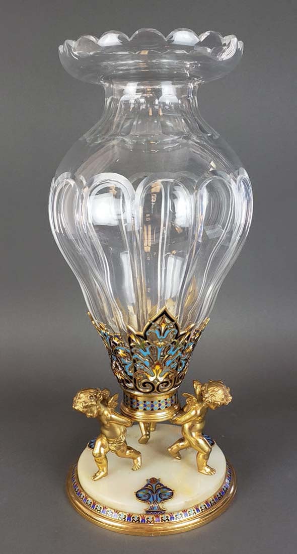 Large French Champleve Enamel & Bronze & Baccarat: Large French Champleve Enamel & Bronze & Baccarat Crystal Figural Centerpiece. Measures H: 20" W: 8 1/2"