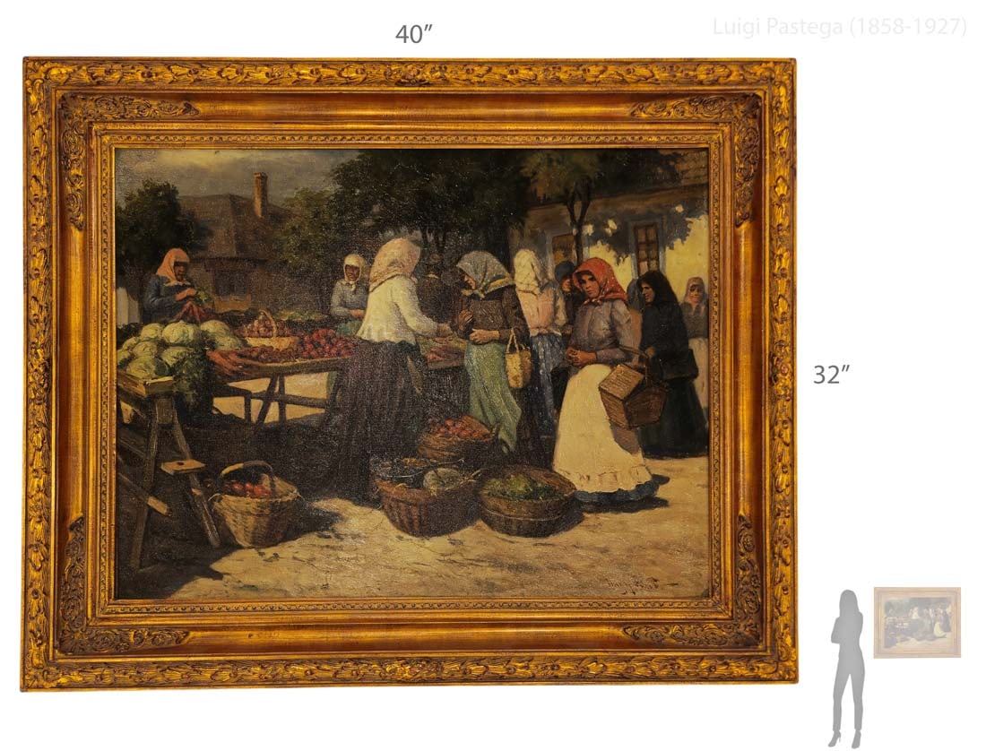 Vegetable Seller' Oil On Canvas, Italian Artist Luigi Pastega (1858-1927): Vegetable Seller Oil On Canvas, Italian Artist Luigi Pastega (1858-1927). 40" x 32" \ 23 7/8" x 31 1/2"
