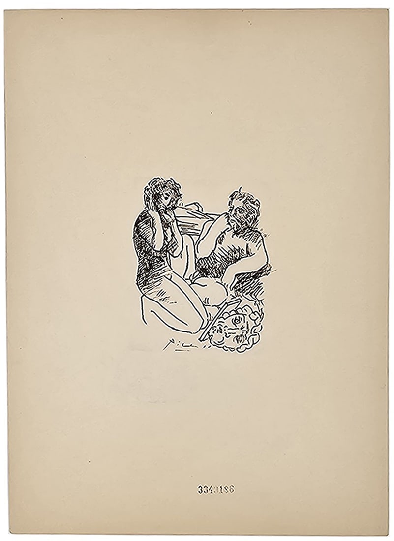 Picasso 'Escultor Y Modelo Arrodillada' Etching Lithography Print, Signed: Picasso 'Escultor Y Modelo Arrodillada' Etching Lithography Print, Signed Signature in print plate. (11 x 9 cms) Certified and Stamped by "Musee de Orsay" in Paris & "Christie's" Musee de Orsay