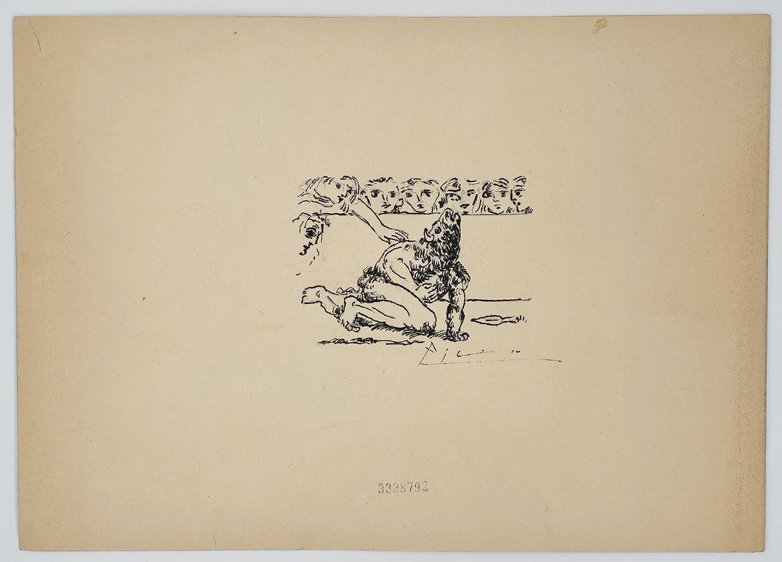 Picasso 'Minotauro Agonizando' Etching Lithography Print, Signed: Picasso 'Minotauro Agonizando' Etching Lithography Print, Signed Signature in print plate. (11 x 8 cms) Certified and Stamped by "Musee de Orsay" in Paris & "Christie's" Musee de Orsay certificate