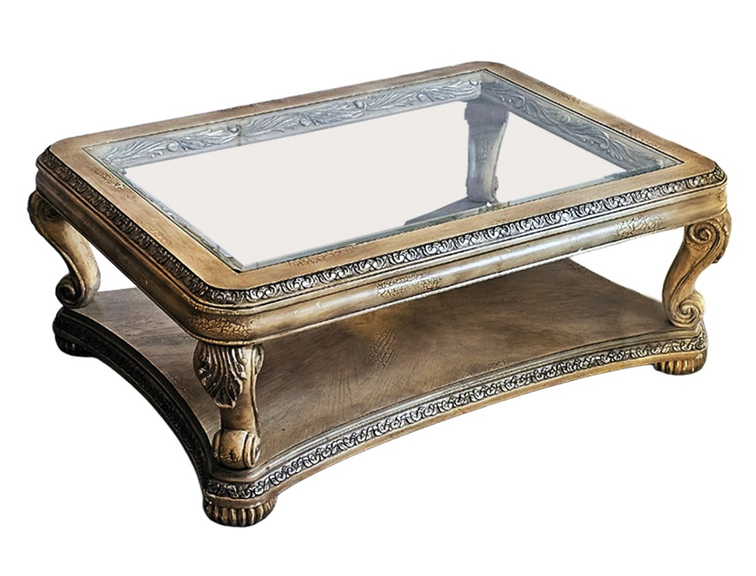 Large French Style Glass Top Coffee Table: Large French Style Glass Top Coffee Table. H 19 1/2" x W 36" x L 50"