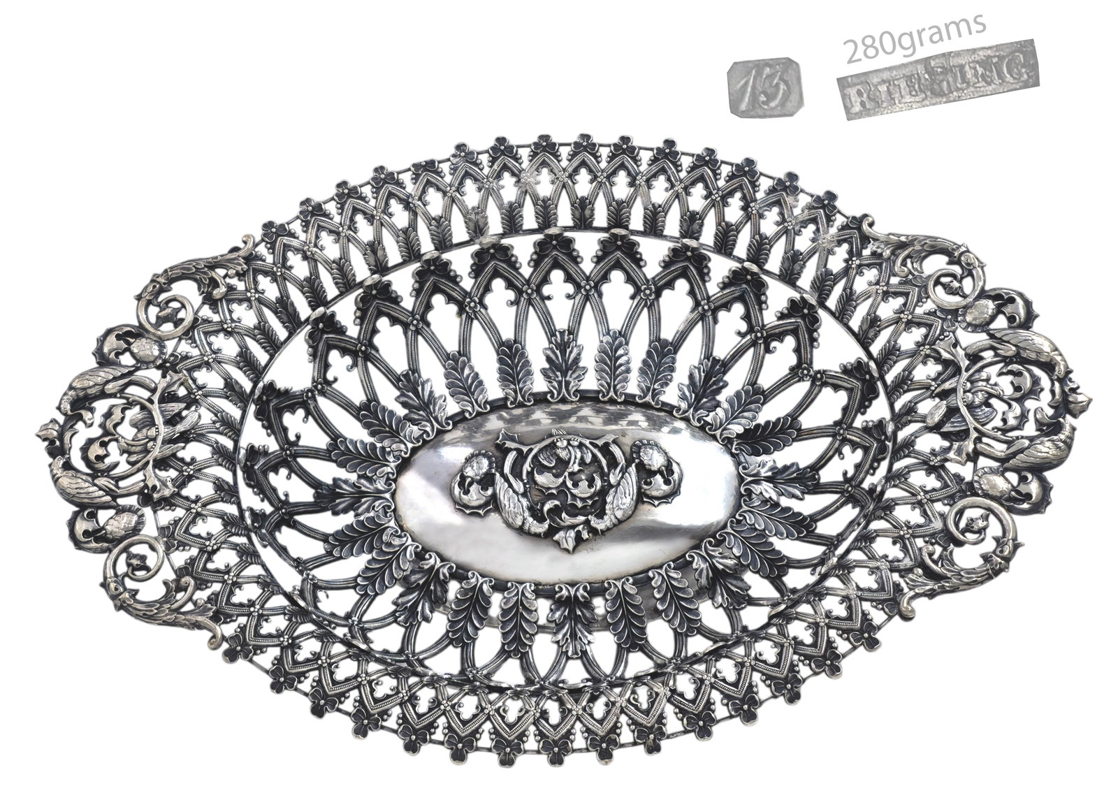 19th C. Rococo German .73 Silver(280g) Centerpiece / Basket: 19th C. Rococo German .73 Silver(280g) Centerpiece / Basket. H 2 1/2" x W 8 1/2" x L 13"