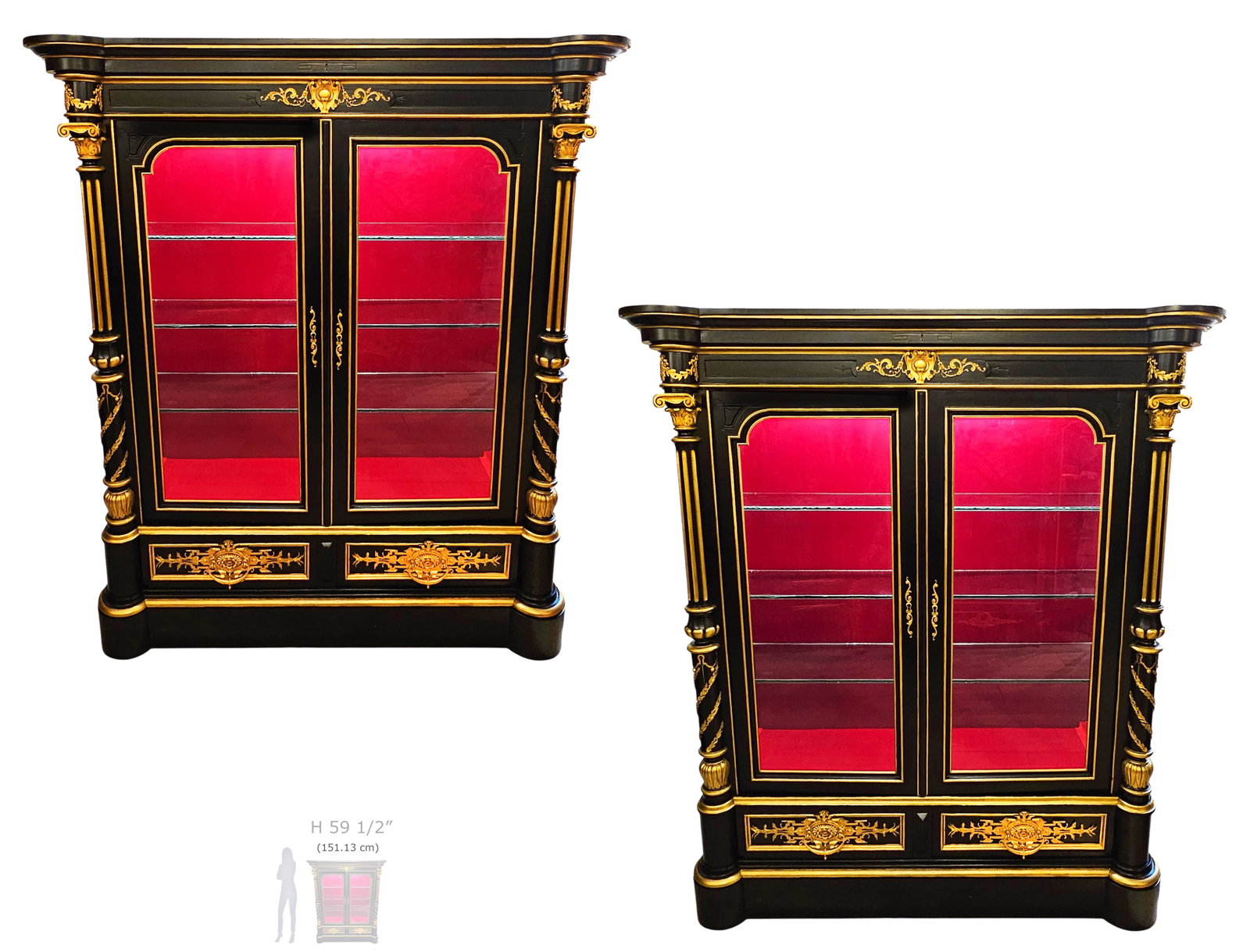 Pair Of 19th Century French Ebony’s Bronze Mounted Vitrine / Cabinets: Pair Of 19th Century French Ebony’s Bronze Mounted Vitrine / Cabinets. H 59 1/2" x W 18 x L 52 1/2"
