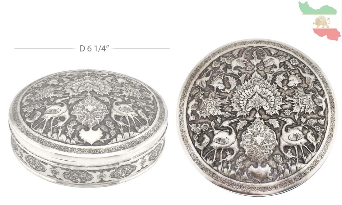 Antique Persian .84 Silver(500g) Trinket Box: Antique Persian .84 Silver(500g) Trinket Box. This artwork is known as "ghalamzani" features highly detailed repousse work, specifically depicting love birds and flowers. H 1 7/8" x D 6 1/4"