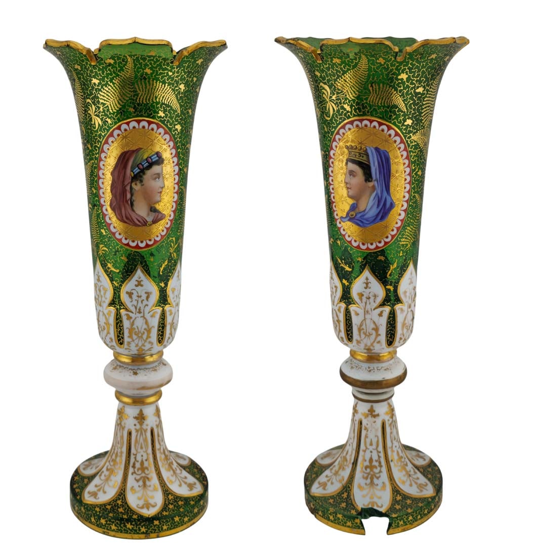 Pair Of Antique Moser Glass Vases: Pair Of Antique Moser Glass Vases. 1880's hand painted portrait and intricate gold leaf arabesque designs. One is broken on the base, other is in excellent condition. H 12" x W 4"