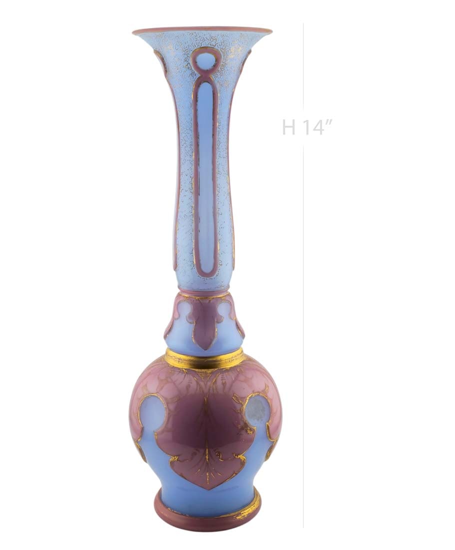 Late 19th C. Bohemian Pink Opaline Glass Vase: Late 19th C. Bohemian Pink Opaline Glass Vase. Hand-painted details & gilded accent. H 14" x W 4"