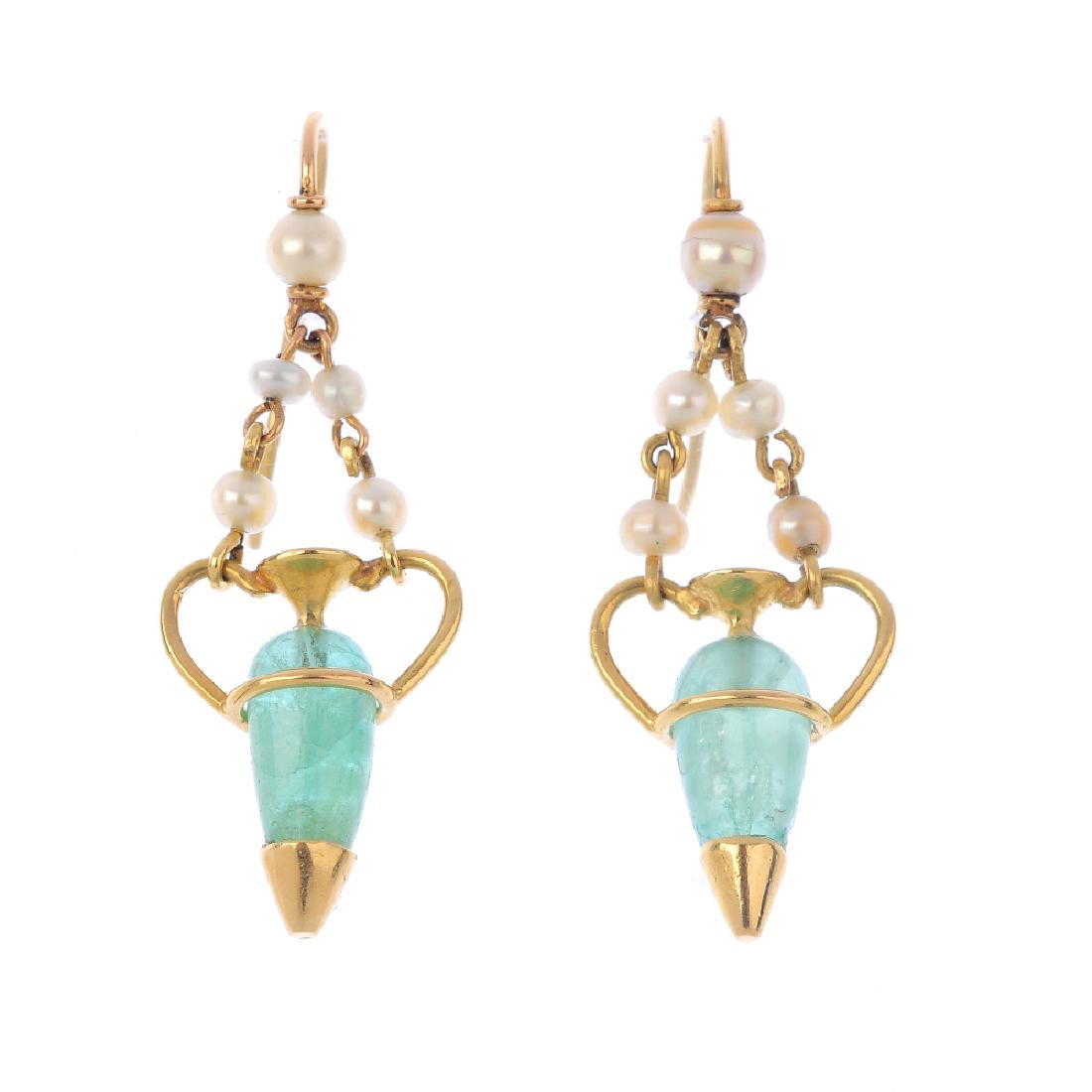 A pair of emerald, cultured and seed-pearl earrings.: A pair of emerald, cultured and seed-pearl earrings. Each designed as a pear-shape emerald and wire amphora, suspended from a seed and cultured pearl surmount. Length 3.9cms. Weight 4.3gms.