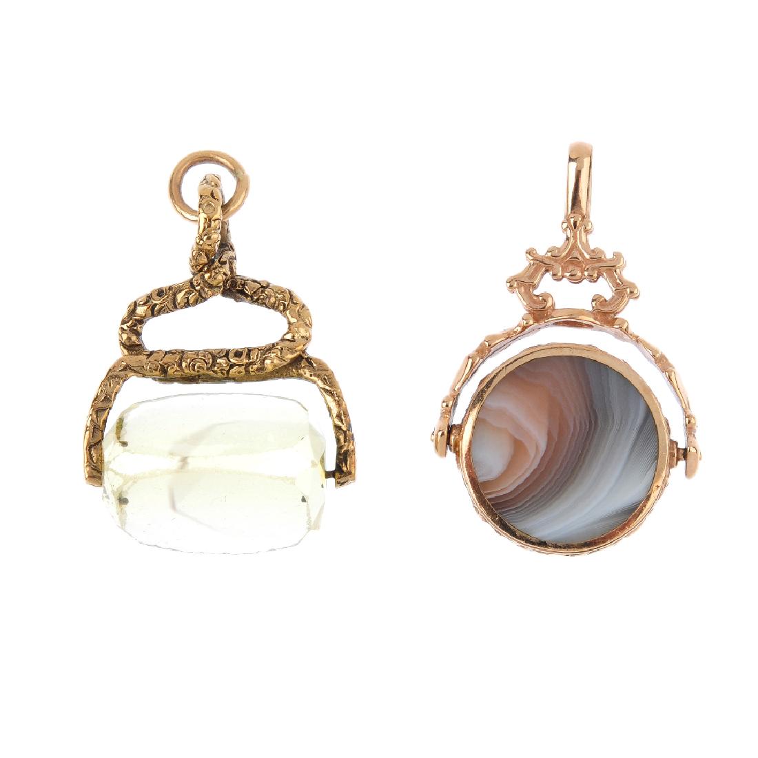 Two gem-set fobs. To include a 1980s 9ct gold hardstone (1 of 2)