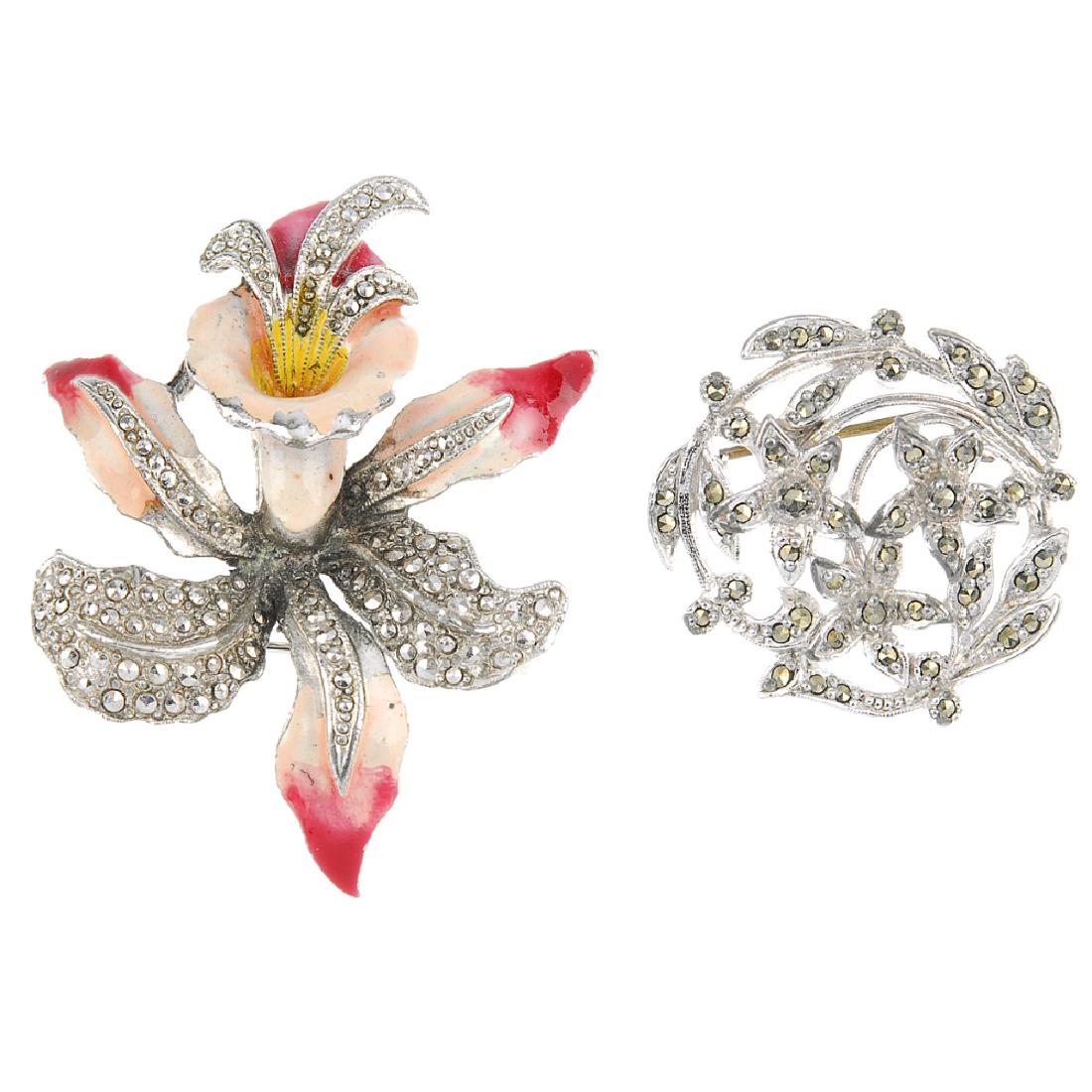 A selection of marcasite jewellery. To include a brooch: A selection of marcasite jewellery. To include a brooch in the shape of a feather, another designed as a circle of thistle flowers, together with a bracelet, the seven links designed as abstract flowe