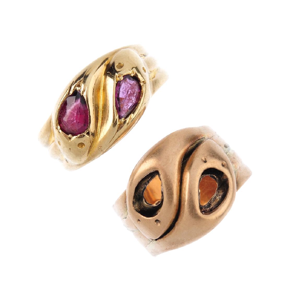 Two 9ct gold band rings. Each designed as a pair of (1 of 3)