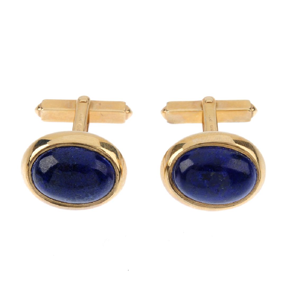 A pair of 9ct gold lapis lazuli cufflinks. Each (1 of 3)