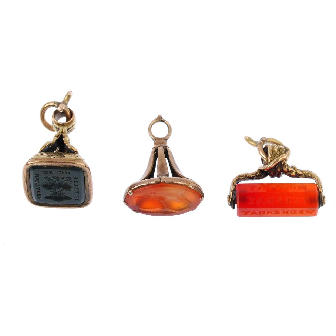 Three hardstone fobs. To include a carnelian heptagonal (1 of 2)